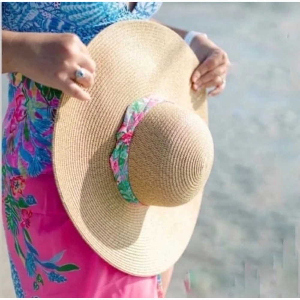 Lilly Pulitzer Journey To Jungle Straw Wide Brim Sun Hat Floral Pink One Size